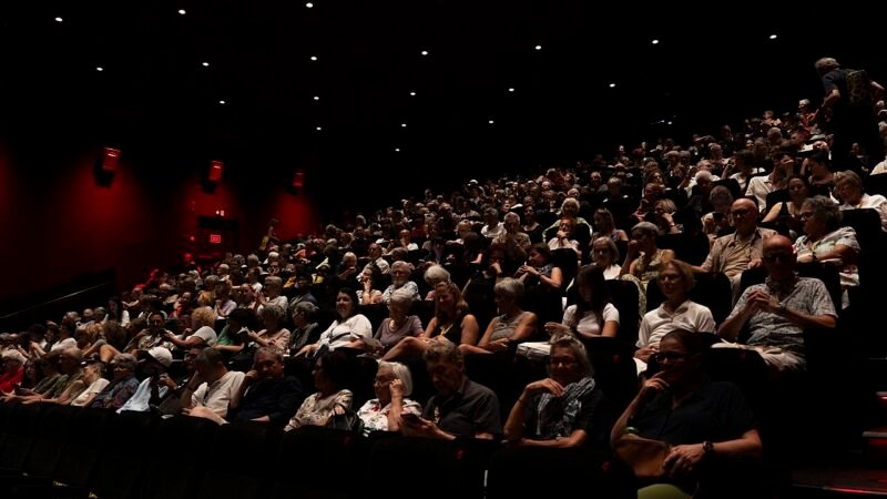 A festival audience inside a cinema auditorium during an evening screening