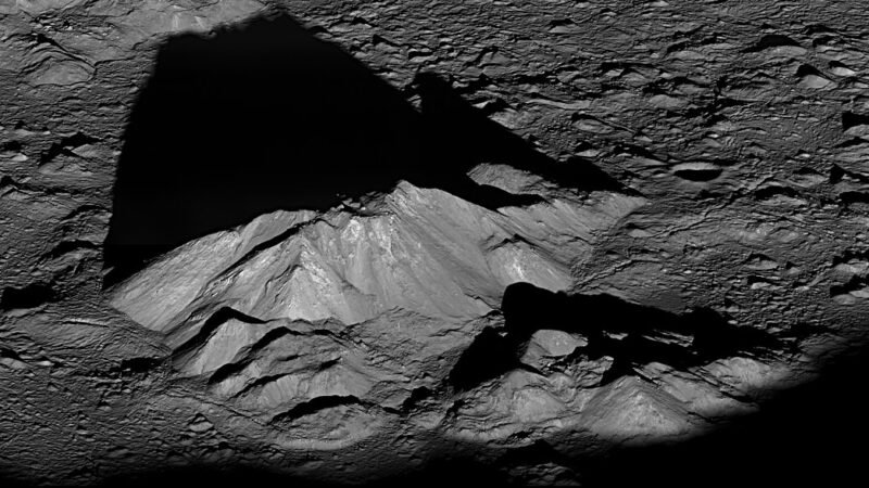 The central peak of Tycho crater on the Moon, photographed by a lunar orbiter