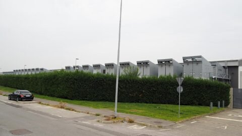 Cooling units at a data centre, part of the infrastructure race behind large AI models