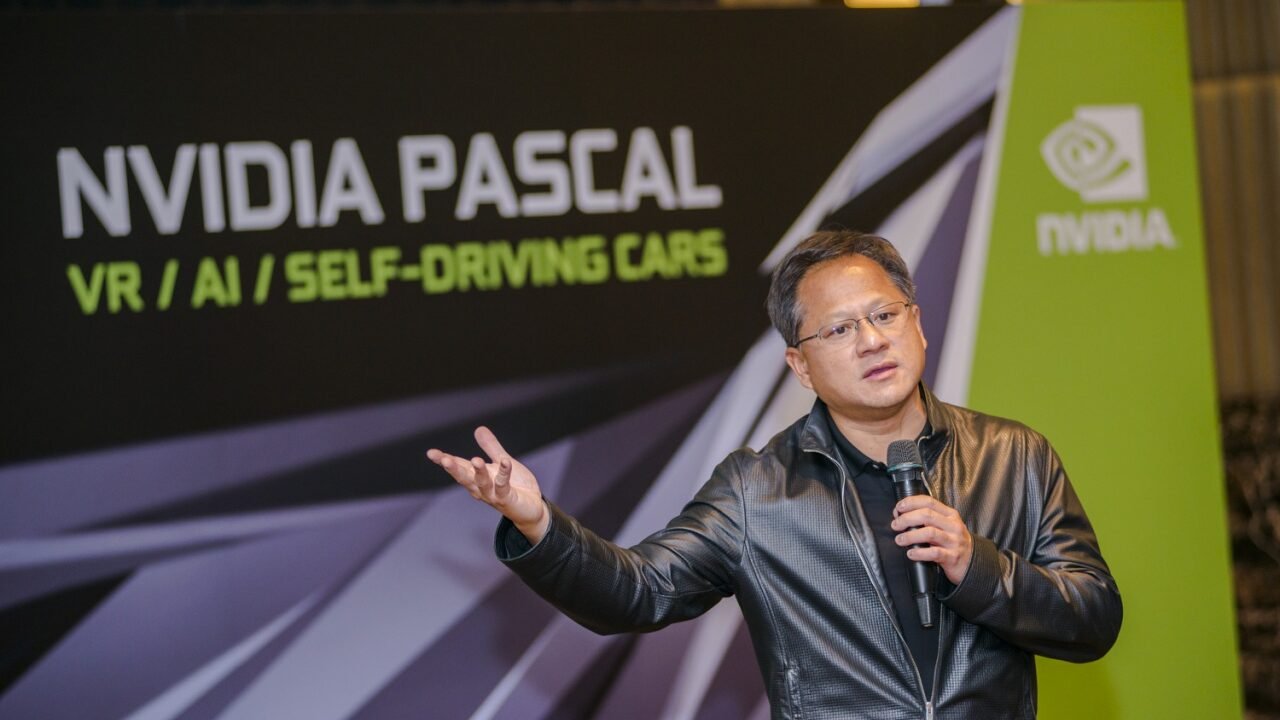 Nvidia chief executive Jensen Huang speaking on stage
