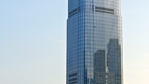 Goldman Sachs Tower skyscraper in Jersey City viewed from the Exchange Place waterfront