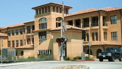Netflix headquarters building in Los Gatos California with company signage