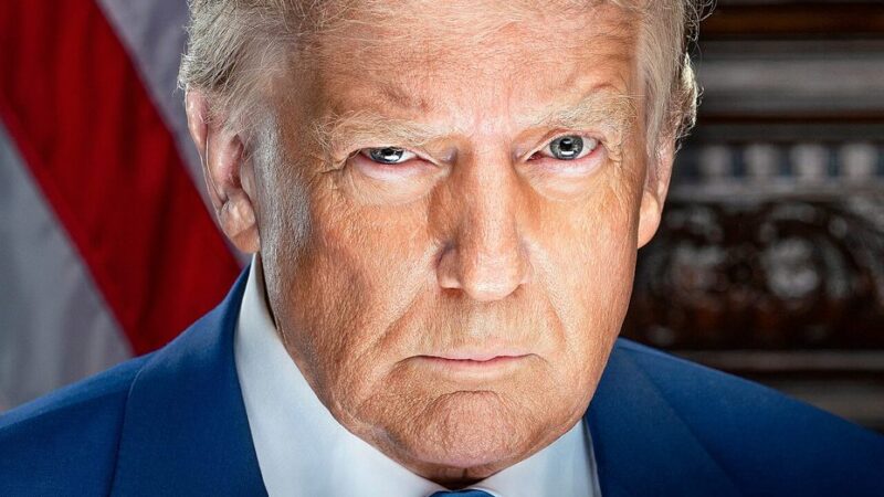 Official presidential portrait of Donald Trump in a blue suit