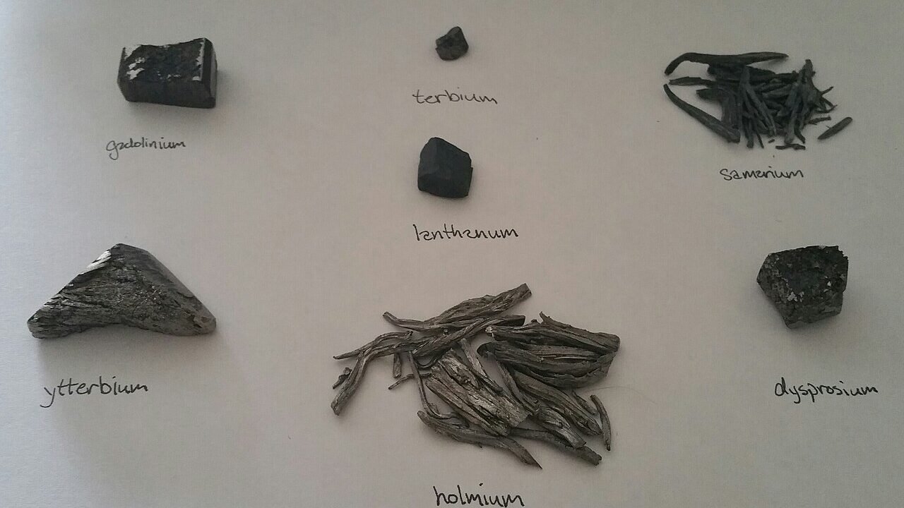Labelled samples of seven rare earth metals
