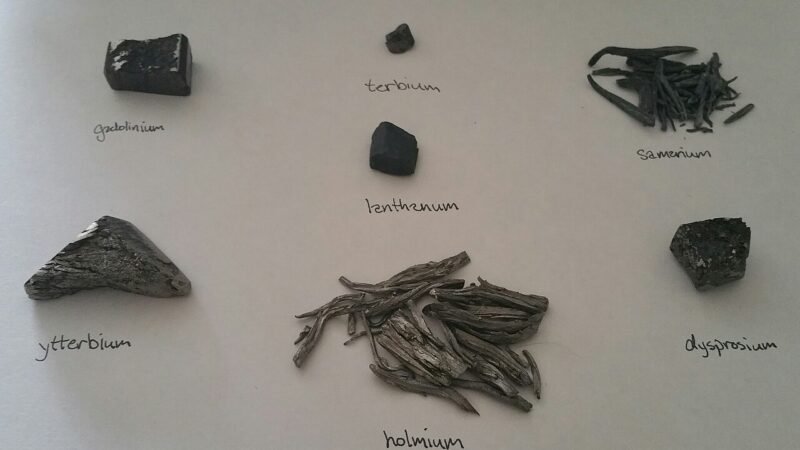 Labelled samples of seven rare earth metals