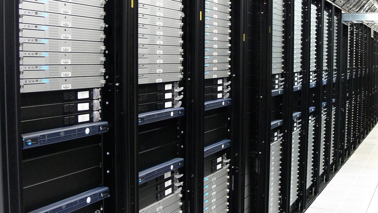 Rows of computer server racks in a data centre