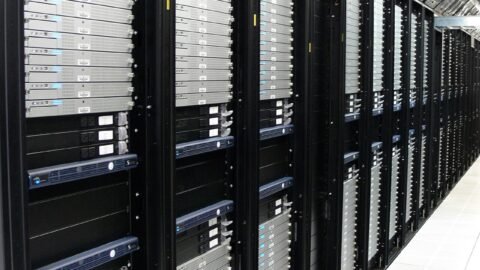 Rows of computer server racks in a data centre