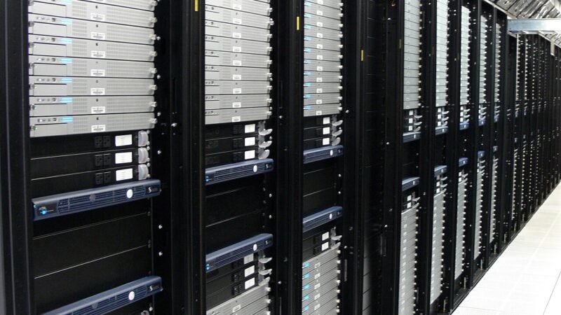 Rows of computer server racks in a data centre